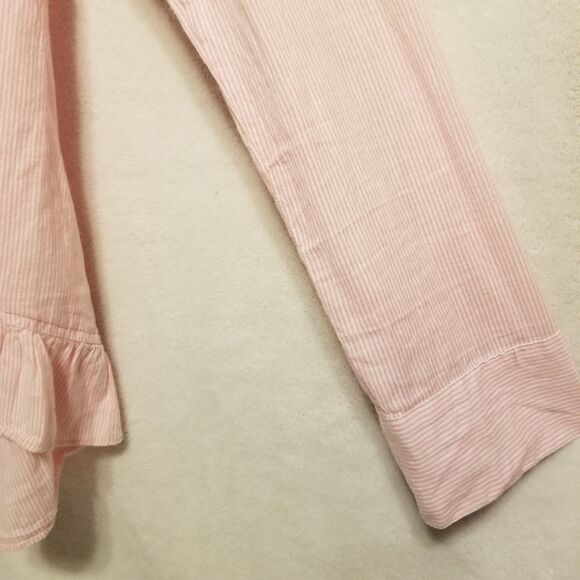 Flutterbye M Top Shirt Button Up Pink Striped 100% Cotton Roll Tab Sleeve Preppy - Picture 2 of 8